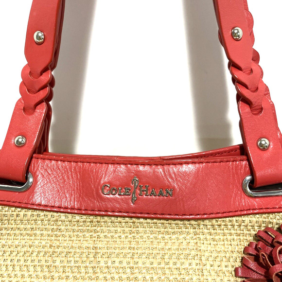 Cole Haan Woven Shoulderbag Purse Casual Bag Tan and Coral Red Beachy Resort - Picture 2 of 10